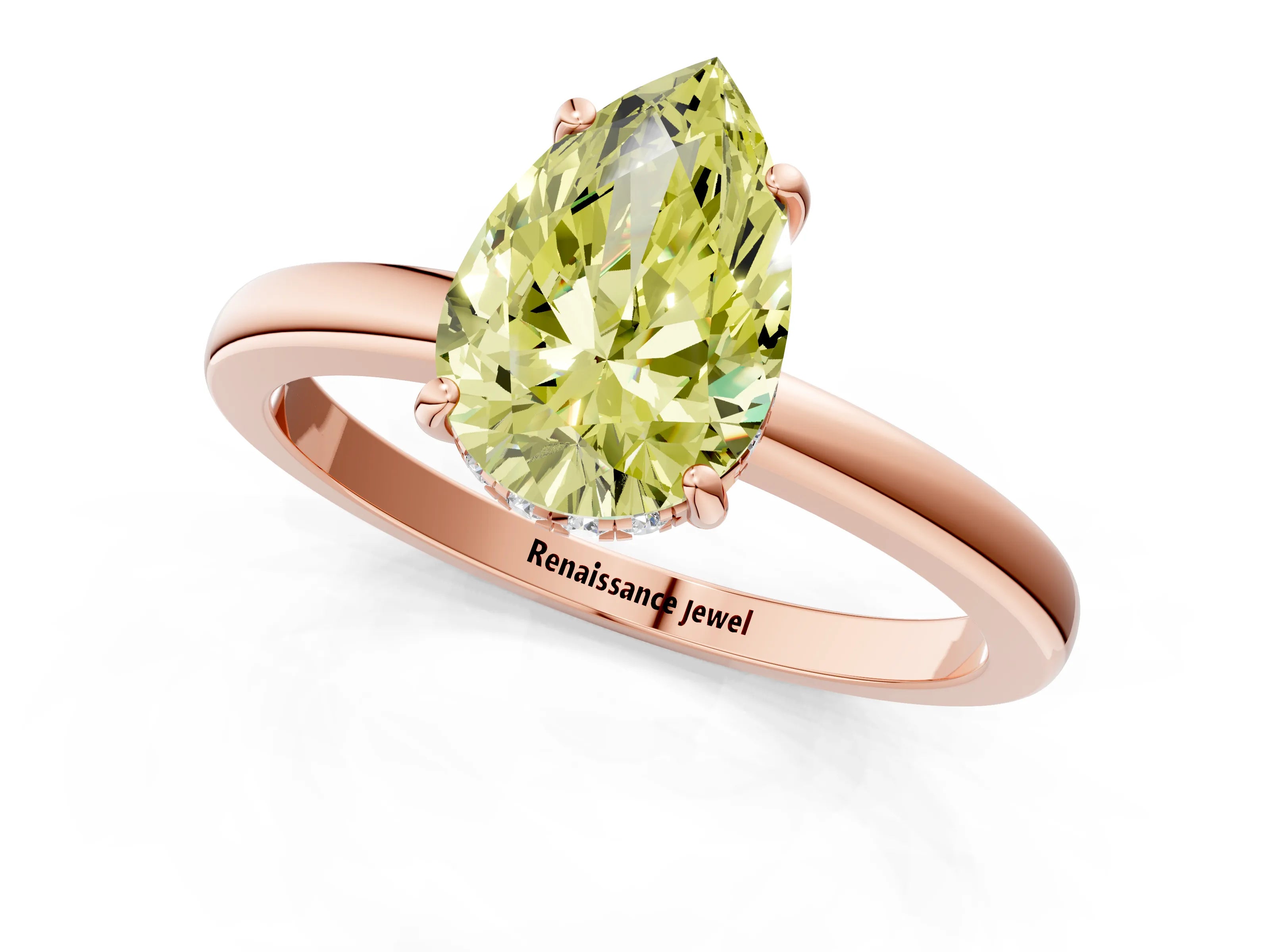 Rose gold Fancy Yellow Pear Cut Solitaire Diamond Ring with Prong Setting and Plain Band_1