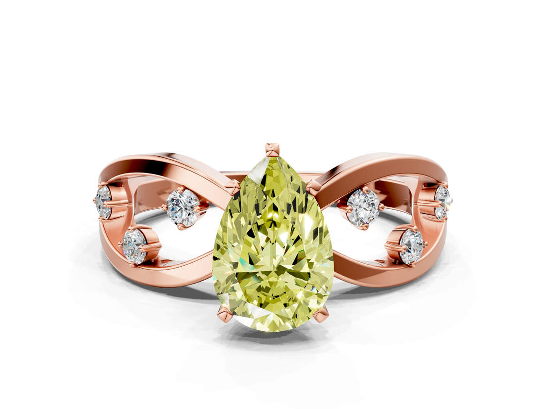 Rose gold Fancy Yellow Pear  Cut Solitaire Diamond with Side Stones on Criss-Cross Band and Four-Prong Setting_3
