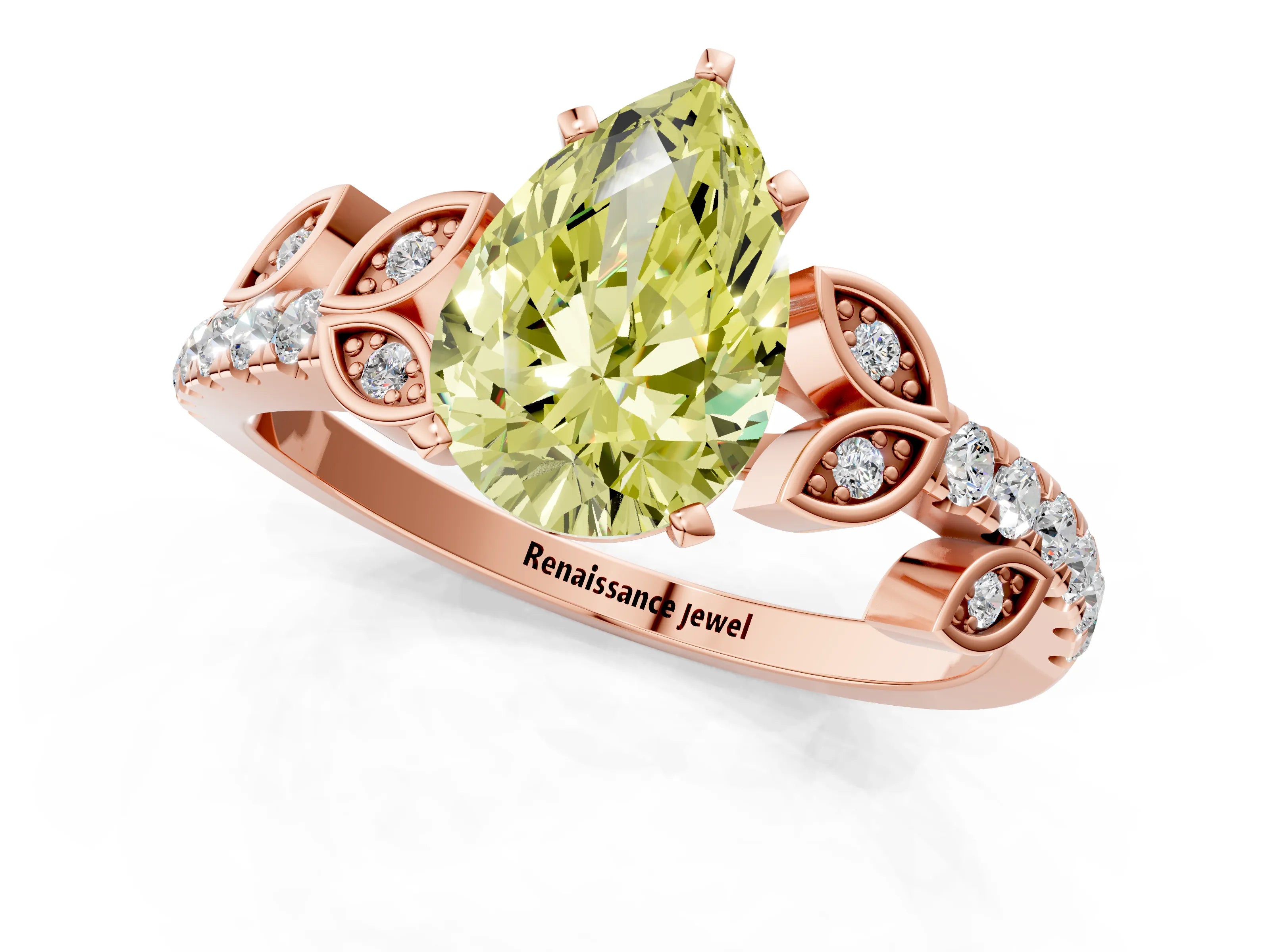 Rose gold Fancy Yellow Pear Cut Solitaire Leaf-Inspired Diamond Ring with Pavé Band and Four-Prong Setting_1
