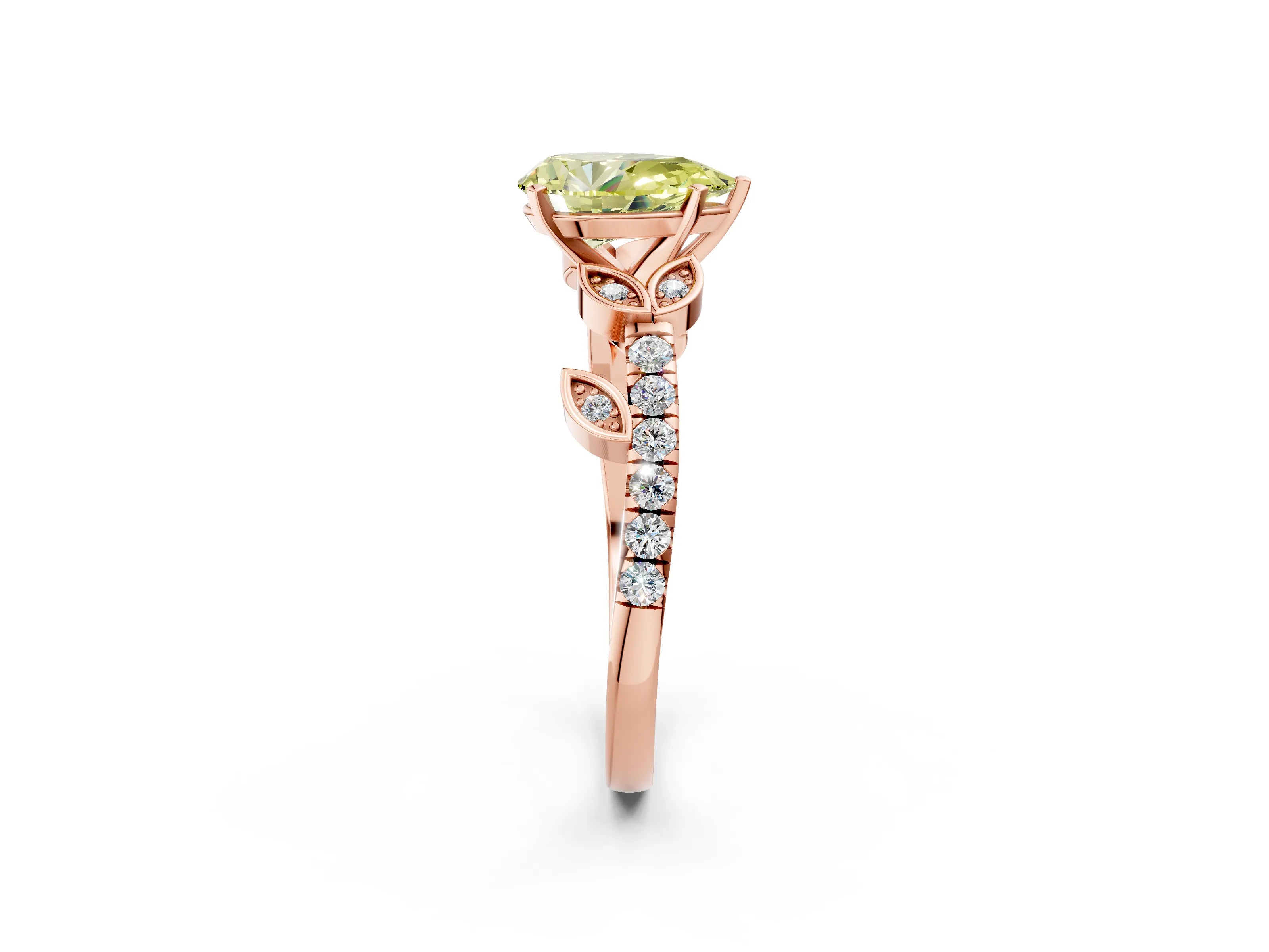 Rose gold Fancy Yellow Pear Cut Solitaire Leaf-Inspired Diamond Ring with Pavé Band and Four-Prong Setting_2