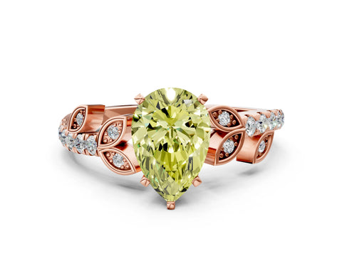 Rose gold Fancy Yellow Pear Cut Solitaire Leaf-Inspired Diamond Ring with Pavé Band and Four-Prong Setting