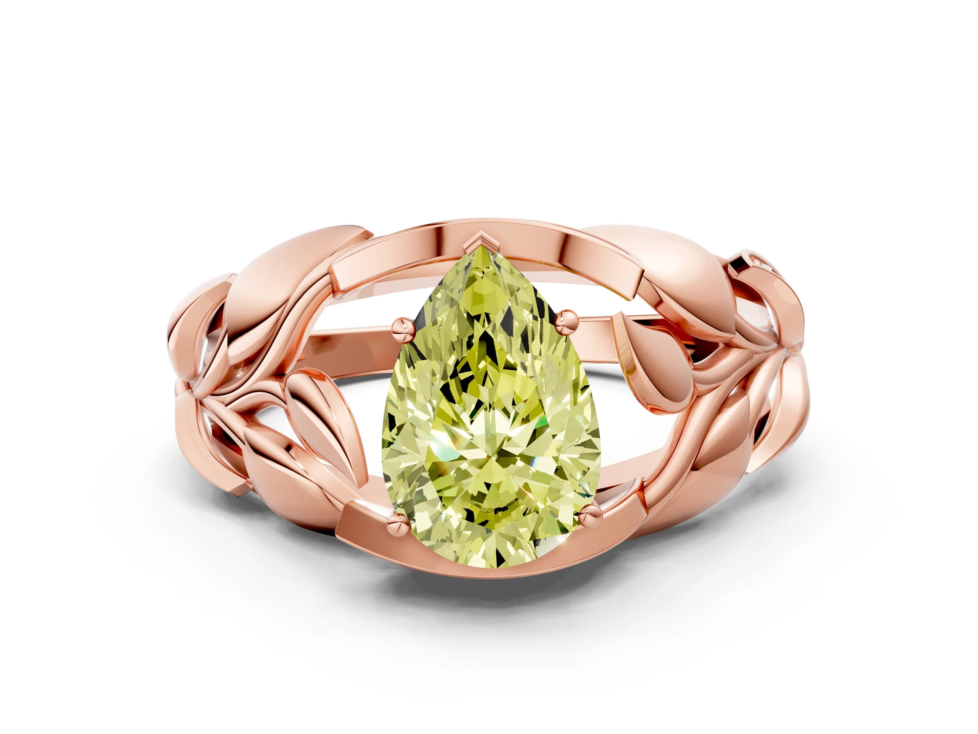 Rose gold Fancy Yellow Pear Cut Solitaire Leaf-Inspired Engagement Ring with Prong Setting