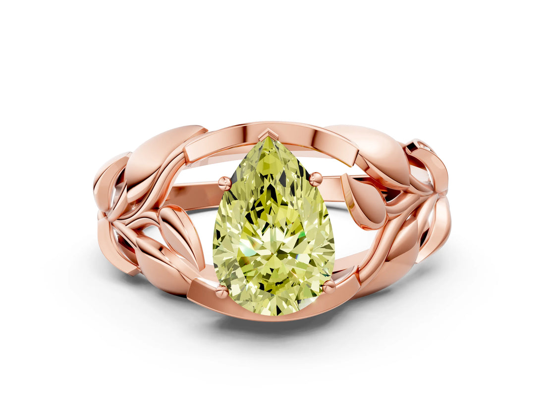 Rose gold Fancy Yellow Pear Cut Solitaire Leaf-Inspired Engagement Ring with Prong Setting_12