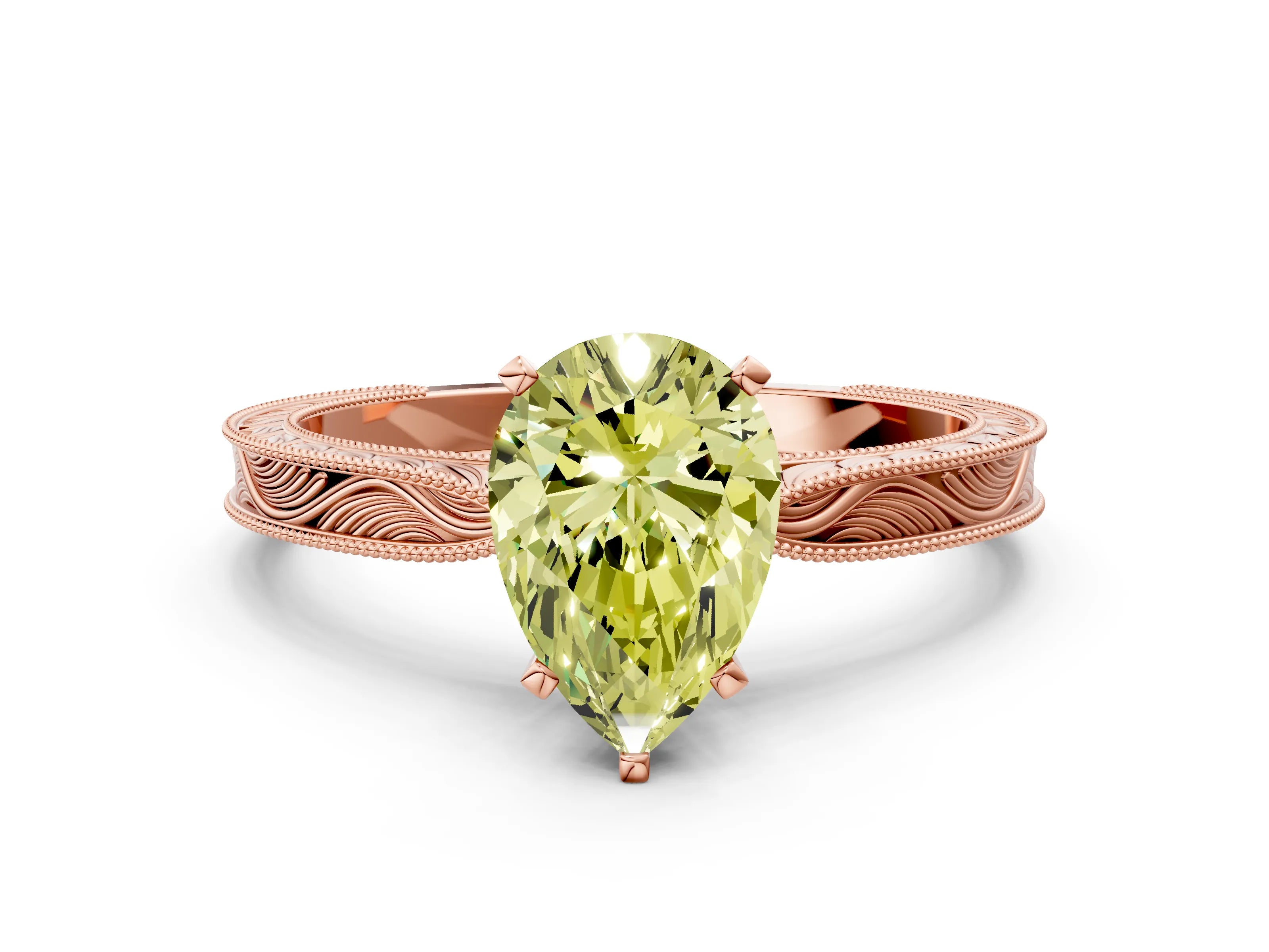 Rose gold Fancy Yellow Pear Cut Solitaire Milgrain Engraved Band with Four-Prong Setting