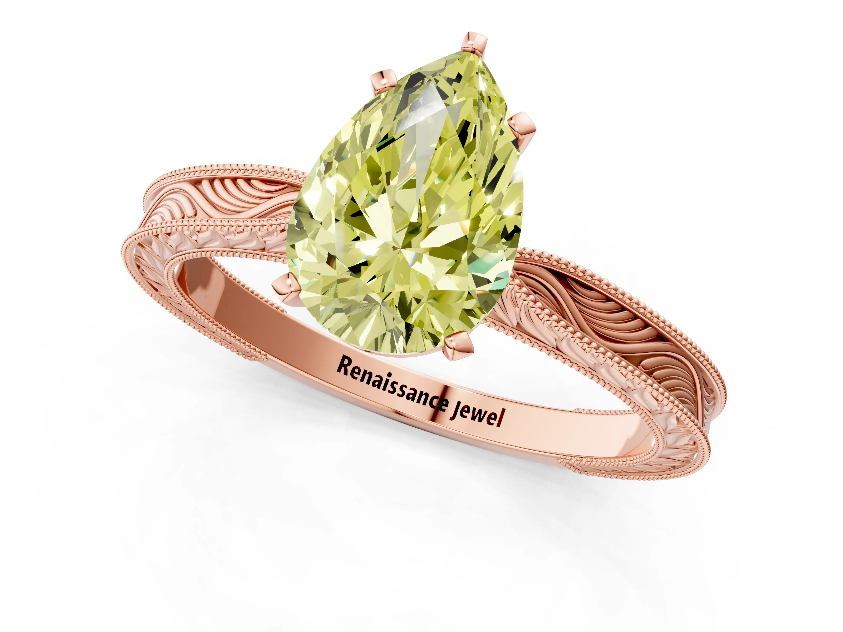 Rose gold Fancy Yellow Pear Cut Solitaire Milgrain Engraved Band with Four-Prong Setting_1