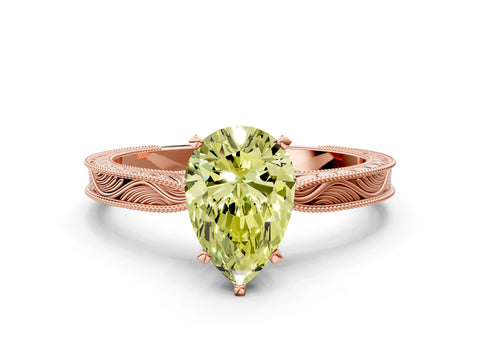 Rose gold Fancy Yellow Pear Cut Solitaire Milgrain Engraved Band with Four-Prong Setting