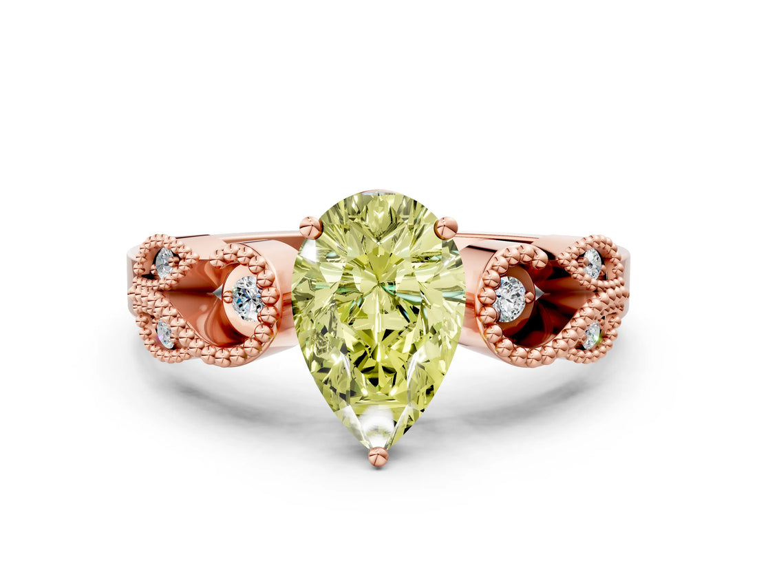 Rose gold Fancy Yellow Pear Cut Solitaire Milgrain Leaf Band with Prong Setting