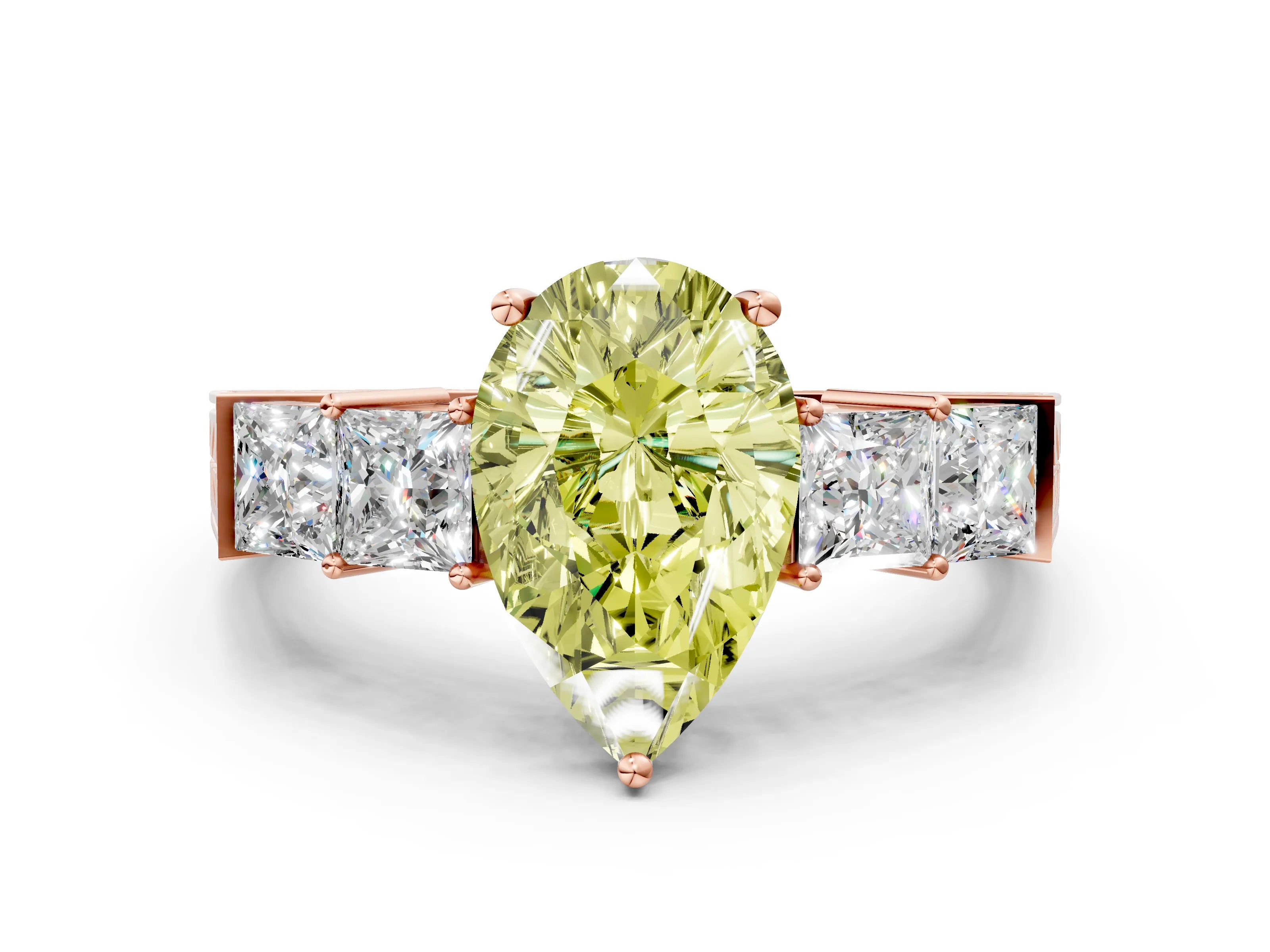 Rose gold Fancy Yellow Pear Cut Solitaire Princess Side Stone Engraved Band Prong Setting Ring