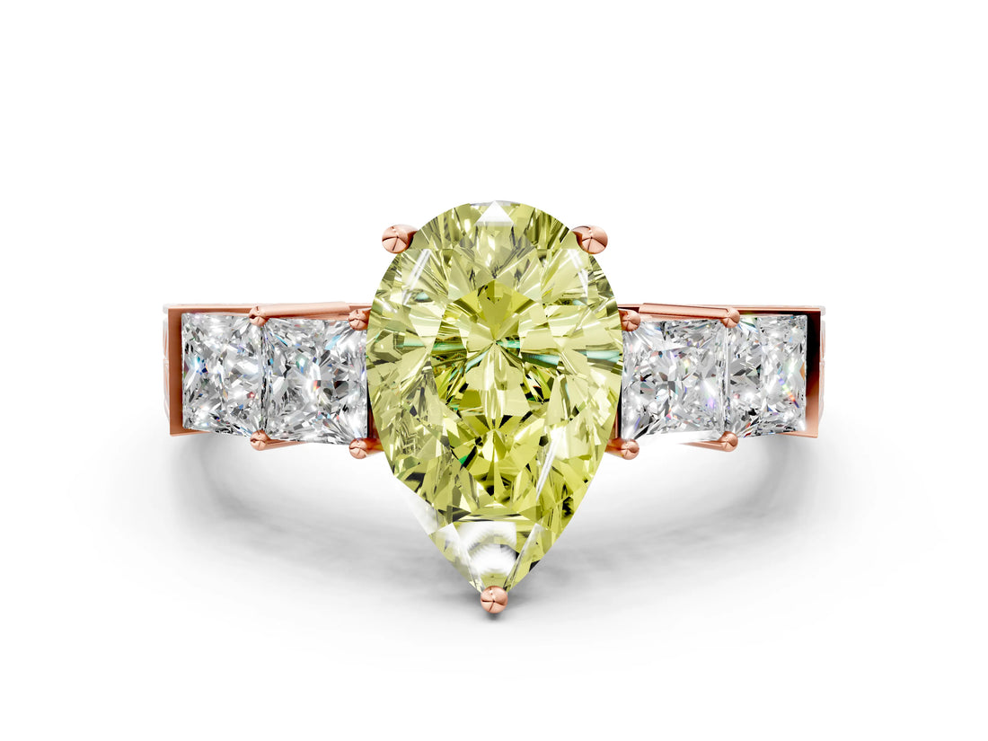 Rose gold Fancy Yellow Pear Cut Solitaire Princess Side Stone Engraved Band Prong Setting Ring