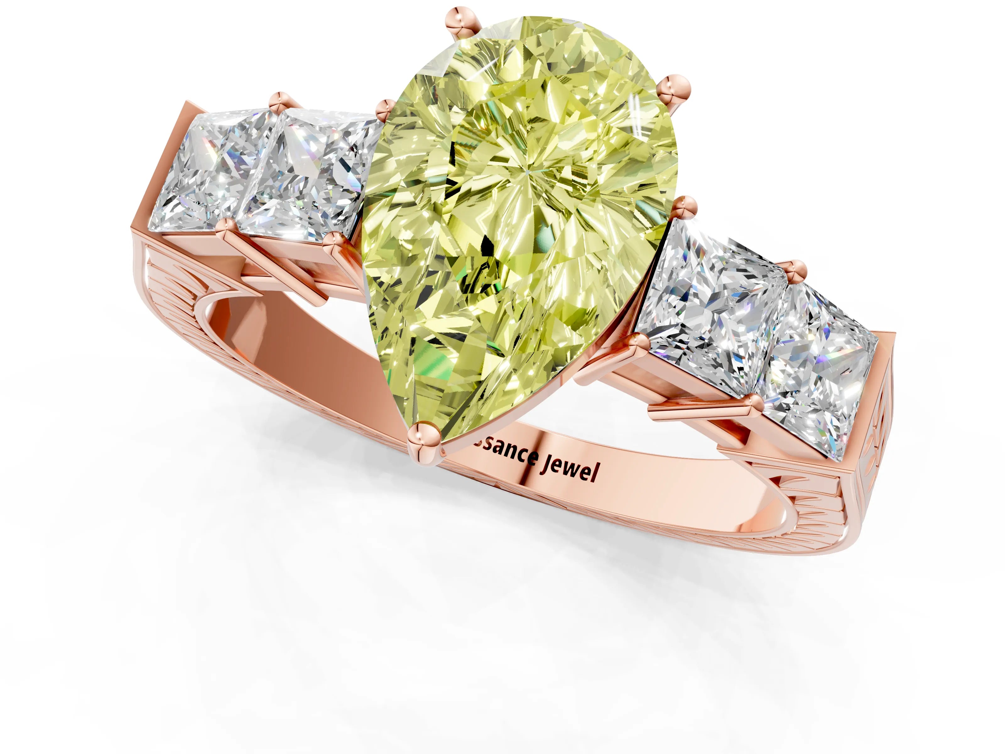 Rose gold Fancy Yellow Pear Cut Solitaire Princess Side Stone Engraved Band Prong Setting Ring_1