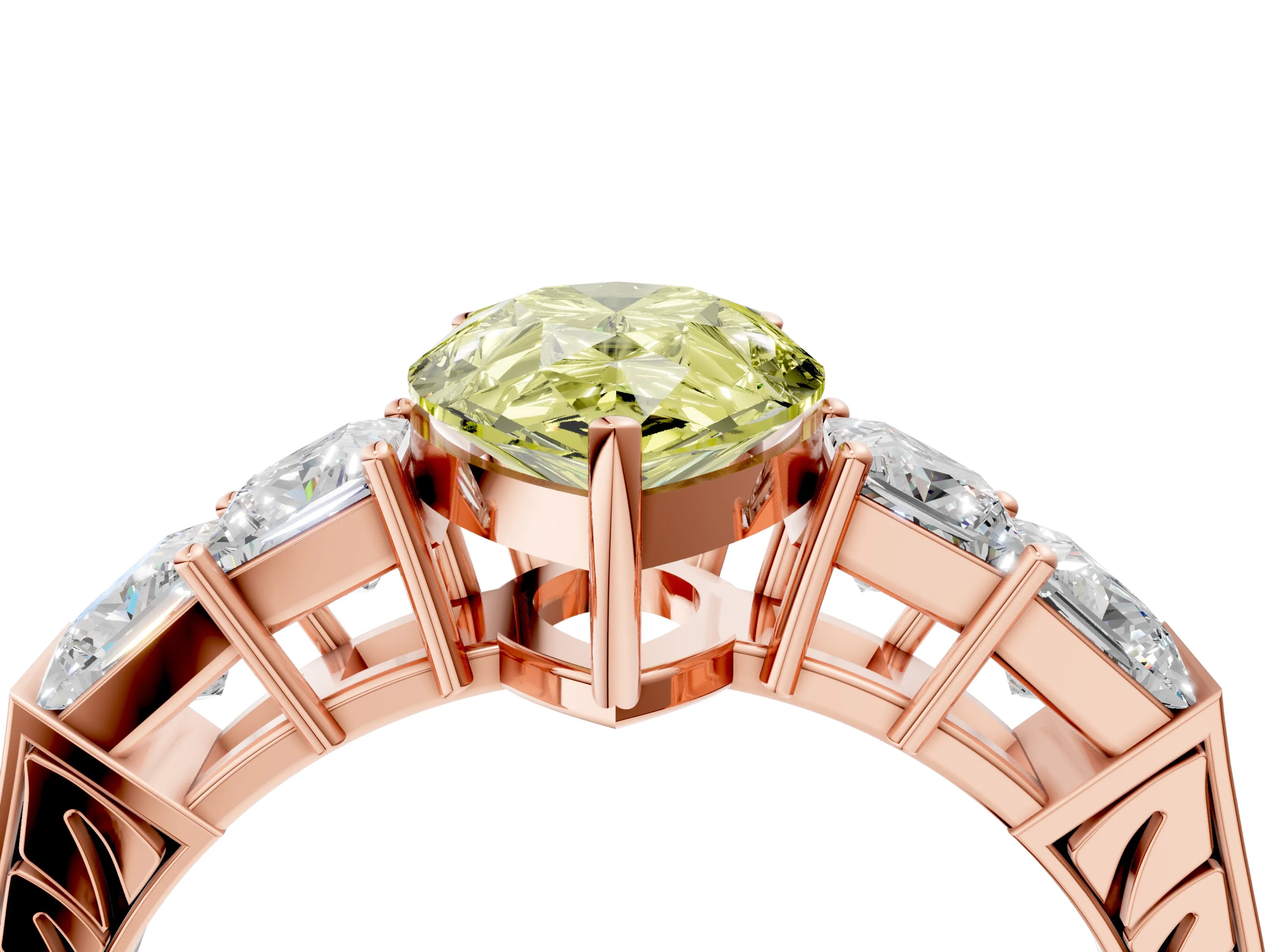 Rose gold Fancy Yellow Pear Cut Solitaire Princess Side Stone Engraved Band Prong Setting Ring_4