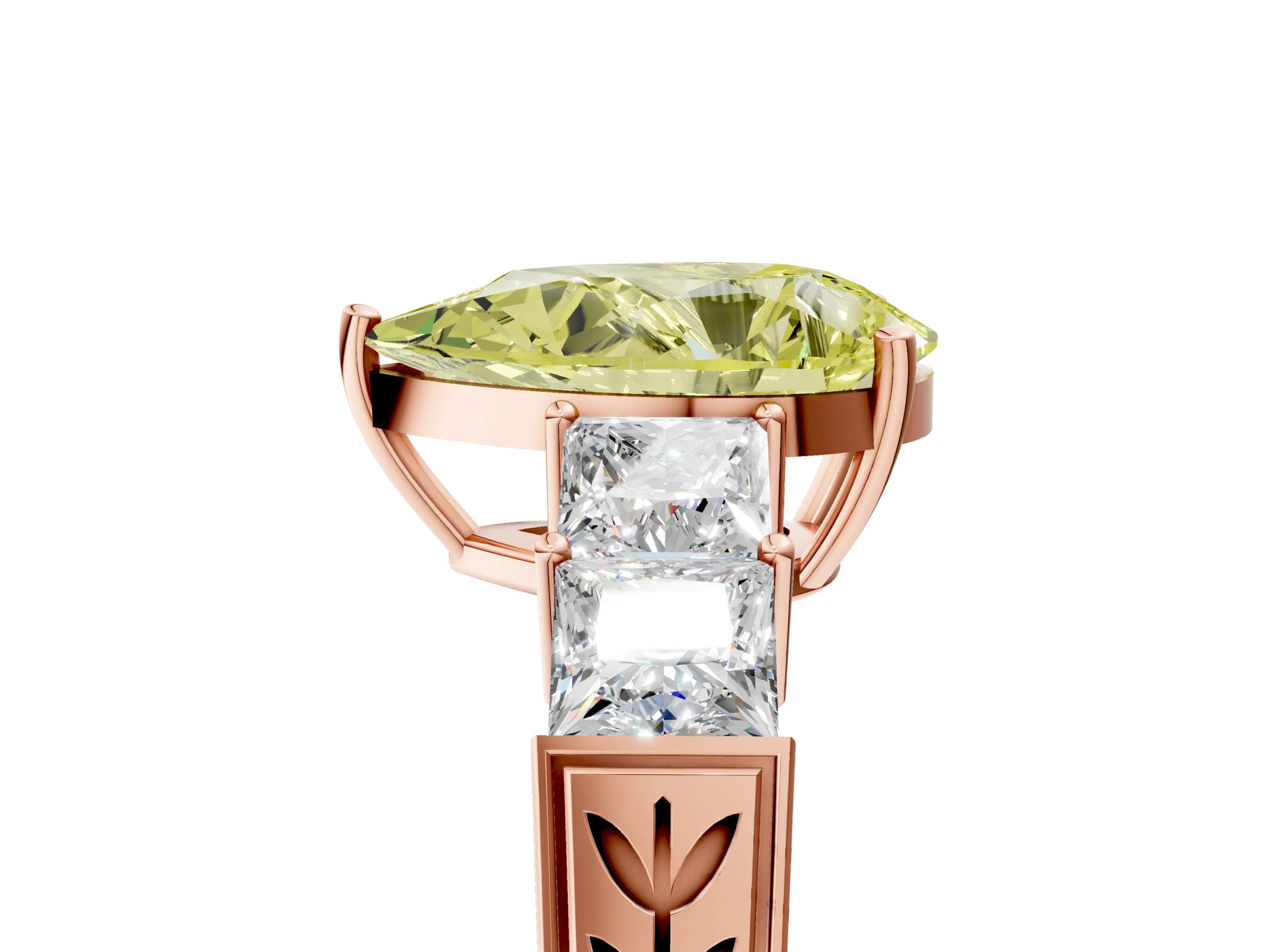 Rose gold Fancy Yellow Pear Cut Solitaire Princess Side Stone Engraved Band Prong Setting Ring_5