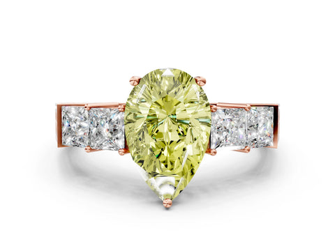 Rose gold Fancy Yellow Pear Cut Solitaire Princess Side Stone Engraved Band Prong Setting Ring