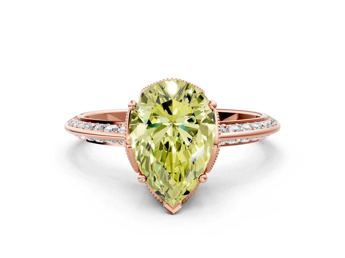 Rose gold Fancy Yellow Pear Cut Solitaire Split Shank Pave Diamond Engagement Ring with Four-Prong Setting