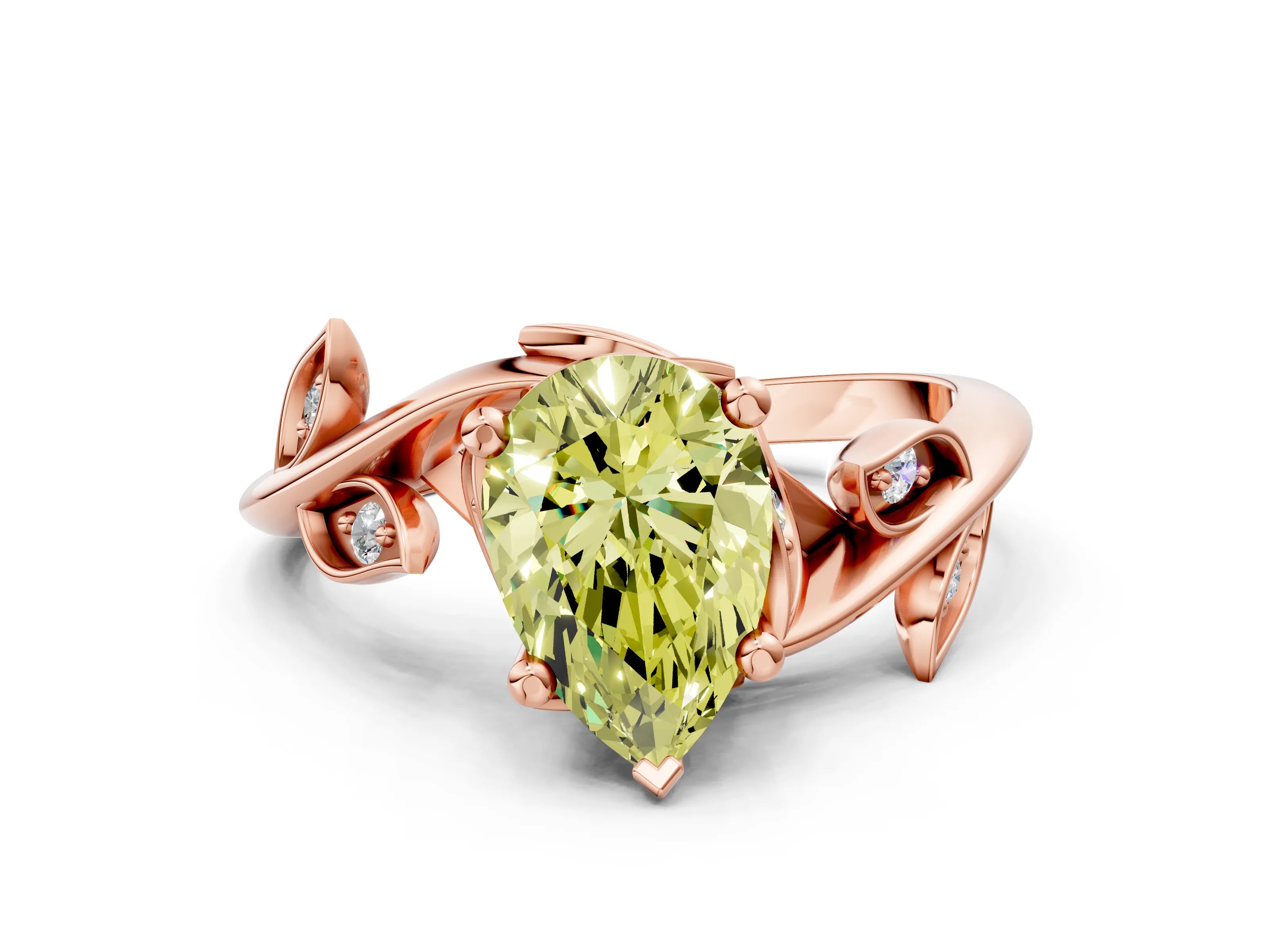 Rose gold Fancy Yellow Pear Cut Solitaire Twist Engagement Ring with Leaf Accents and Prong Setting_12