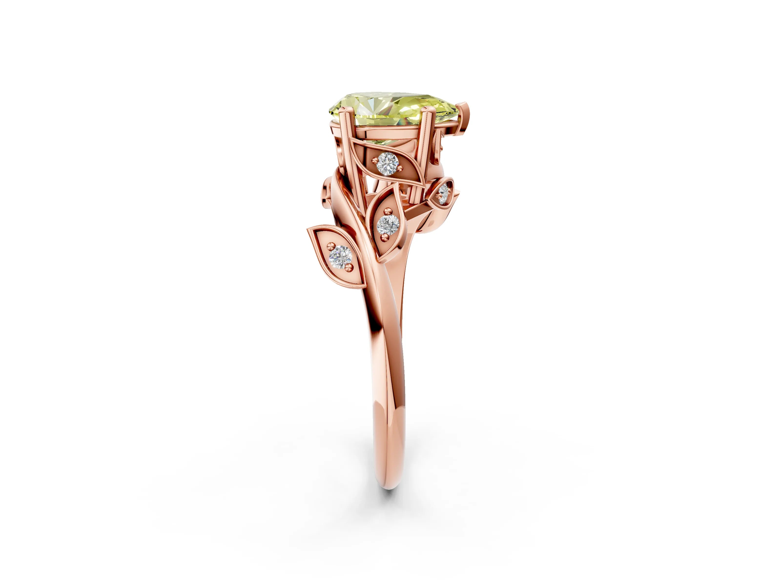 Rose gold Fancy Yellow Pear Cut Solitaire Twist Engagement Ring with Leaf Accents and Prong Setting_14