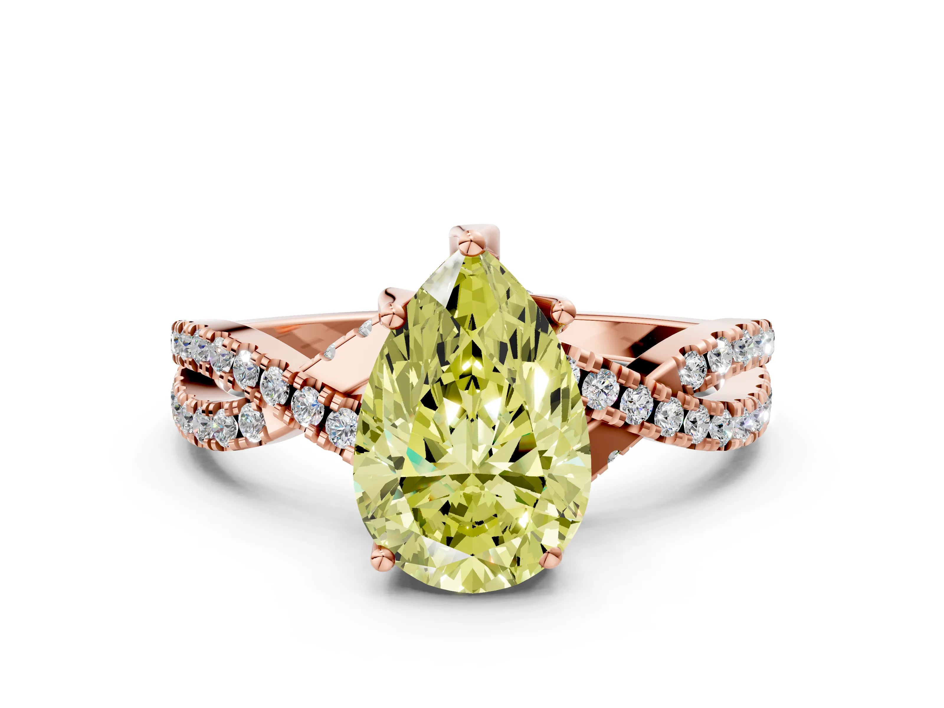 Rose gold Fancy Yellow Pear Cut Solitaire Twist Pave Diamond Engagement Ring with Prong Setting