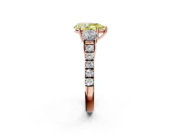 Rose gold Fancy Yellow Pear  Cut Diamond Three-Stone Ring with Round Side Stones and Pavé Band