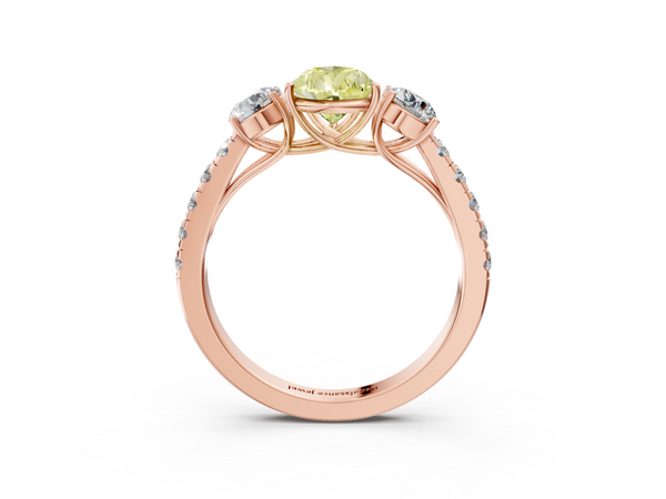 Rose gold Fancy Yellow Pear  Cut Diamond Three-Stone Ring with Round Side Stones and Pavé Band