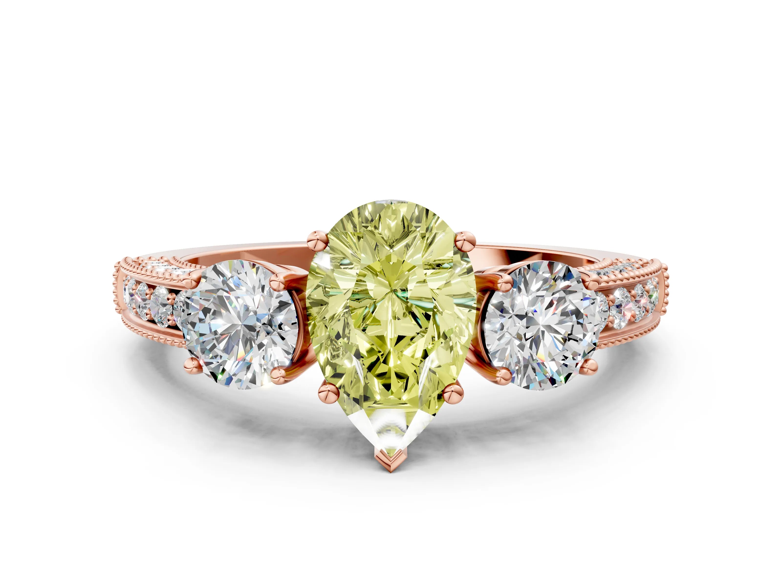 Rose gold Fancy Yellow Pear Cut Three-Stone Diamond Ring with Pavé Band and Four-Prong Setting