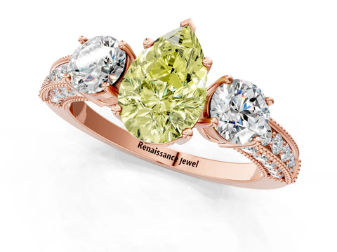 Rose gold Fancy Yellow Pear Cut Three-Stone Diamond Ring with Pavé Band and Four-Prong Setting_1