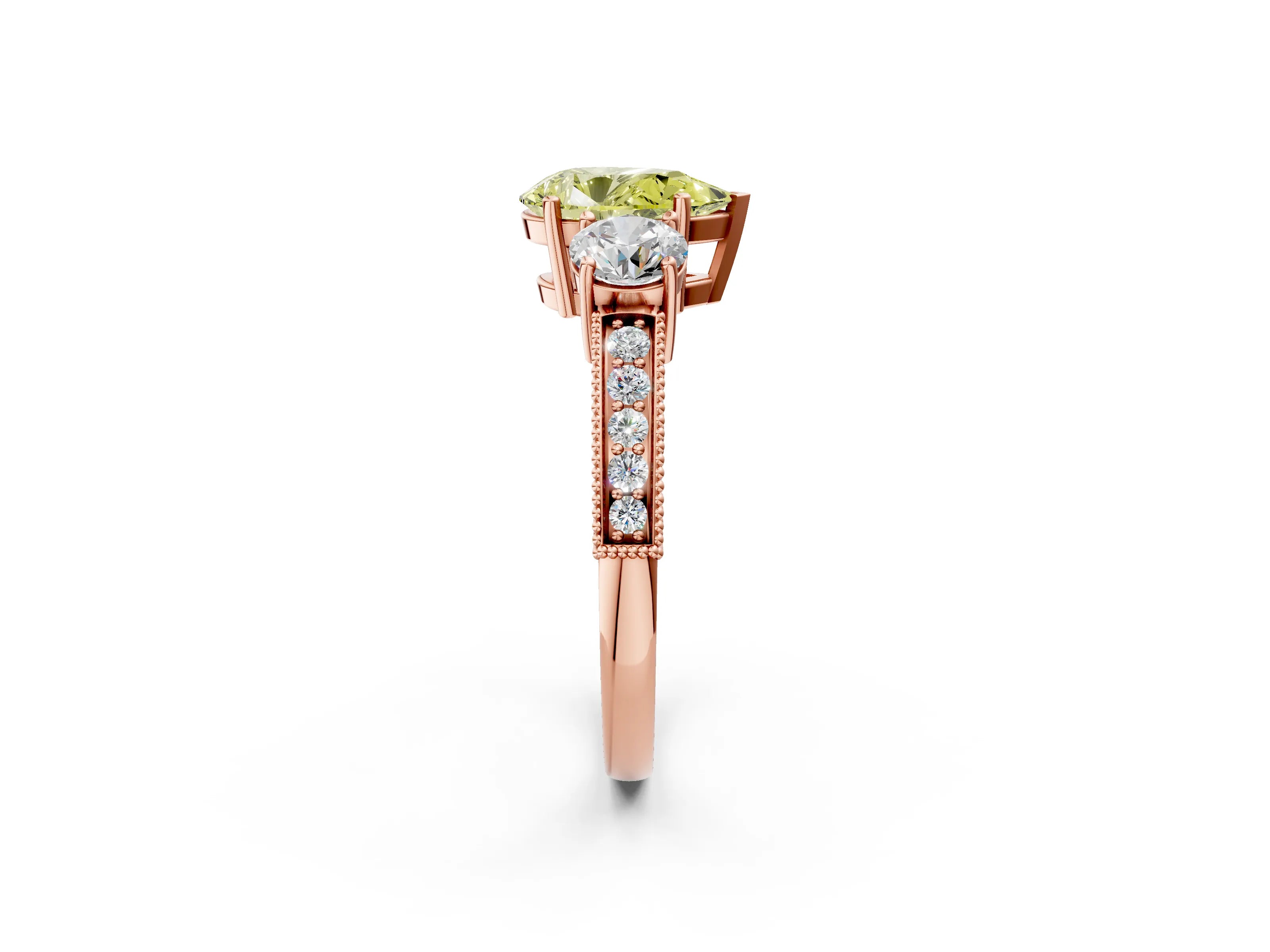 Rose gold Fancy Yellow Pear Cut Three-Stone Diamond Ring with Pavé Band and Four-Prong Setting_2