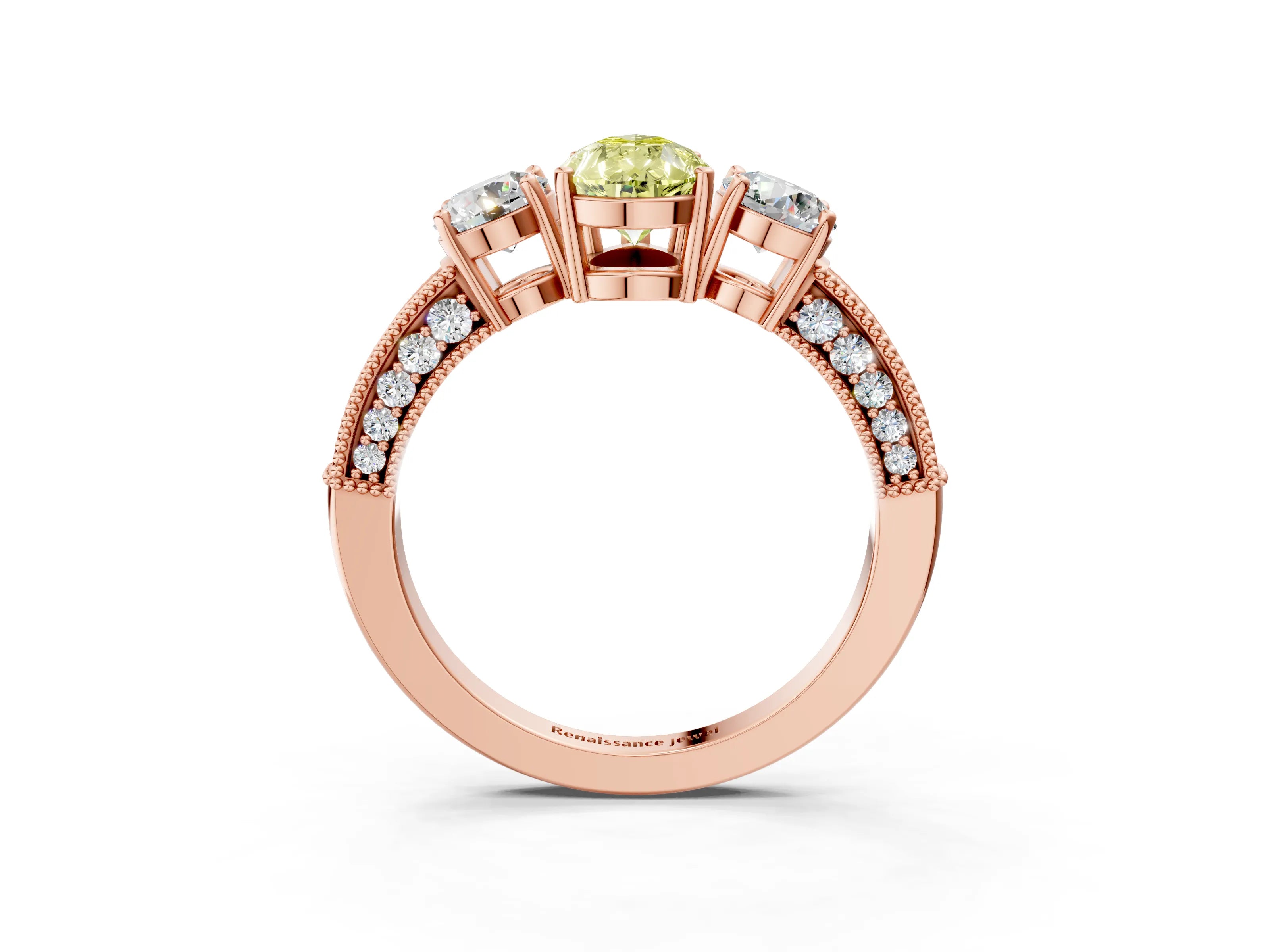 Rose gold Fancy Yellow Pear Cut Three-Stone Diamond Ring with Pavé Band and Four-Prong Setting_3