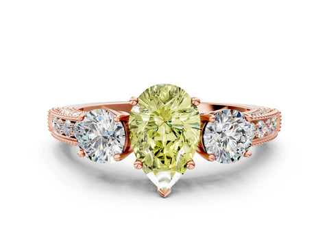 Rose gold Fancy Yellow Pear Cut Three-Stone Diamond Ring with Pavé Band and Four-Prong Setting