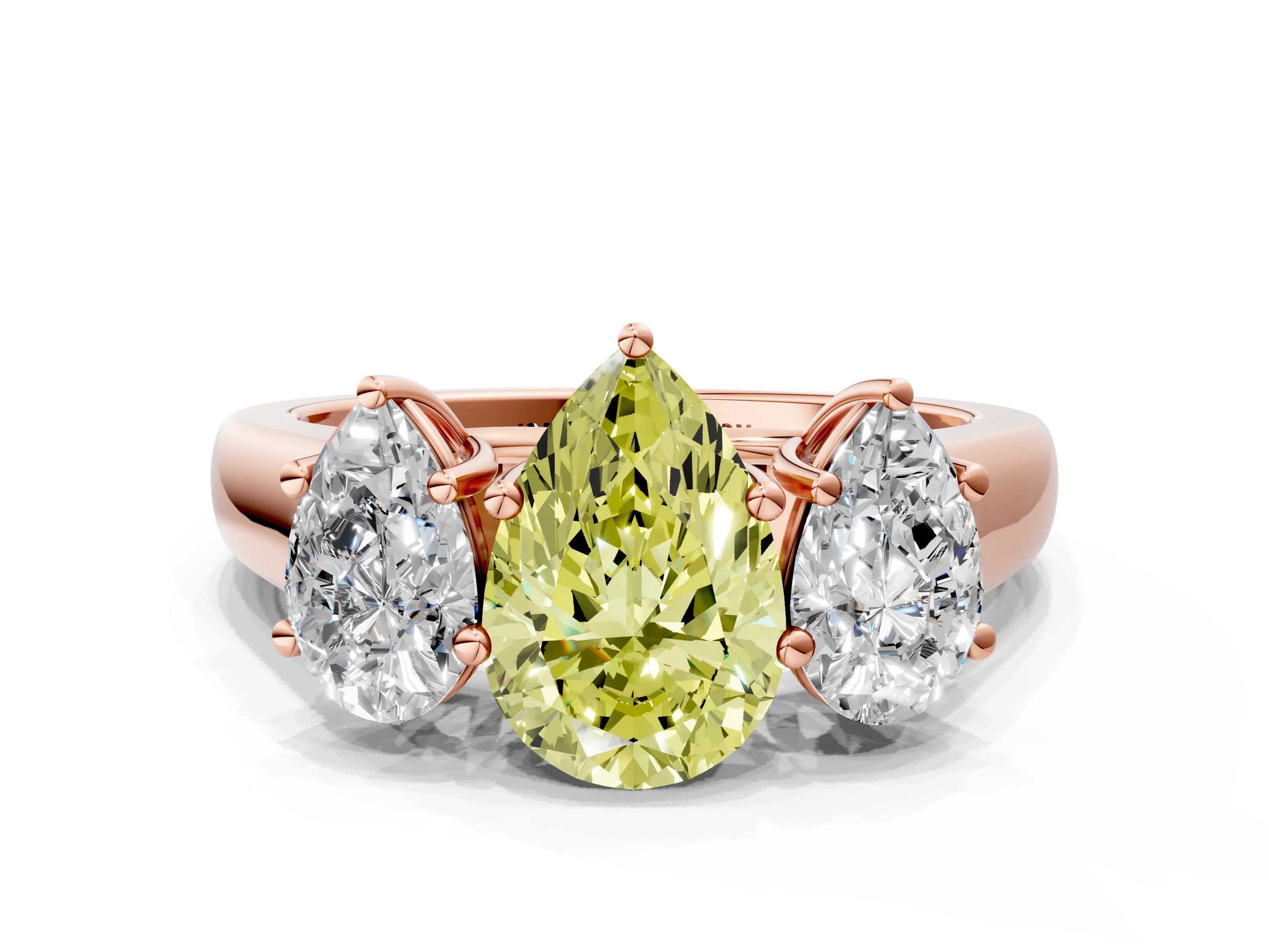 Rose gold Fancy Yellow Pear Cut Three-Stone Diamond Ring with Prong Setting on a Classic Band