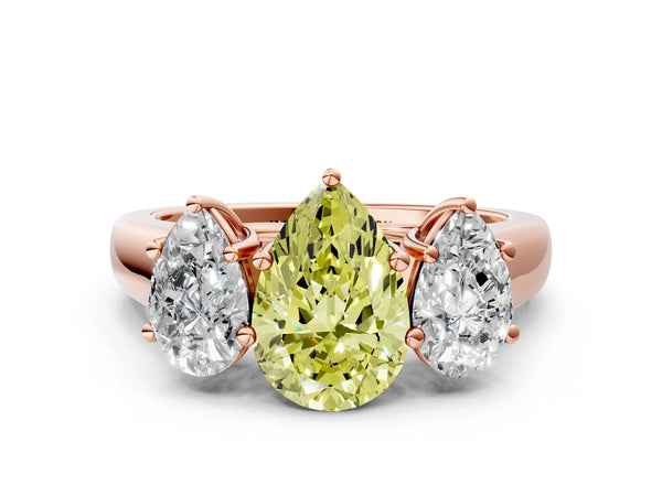 Rose gold Fancy Yellow Pear Cut Three-Stone Diamond Ring with Prong Setting on a Classic Band