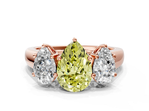 Rose gold Fancy Yellow Pear Cut Three-Stone Diamond Ring with Prong Setting on a Classic Band