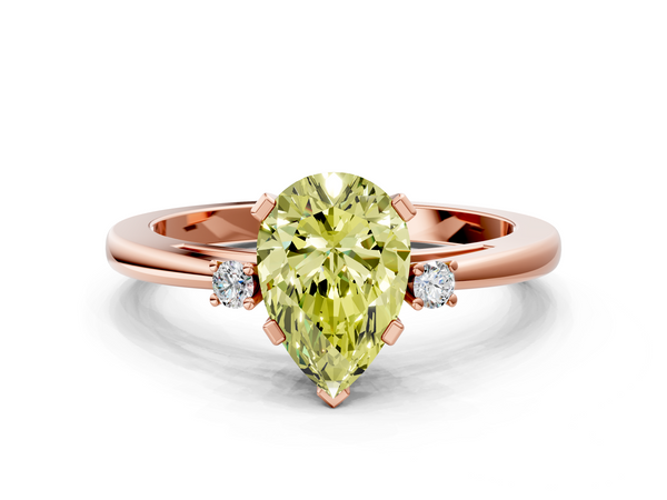 Rose gold Fancy Yellow Pear  Cut Three-Stone Solitaire Ring with Round Accent Diamonds and Four-Prong Setting