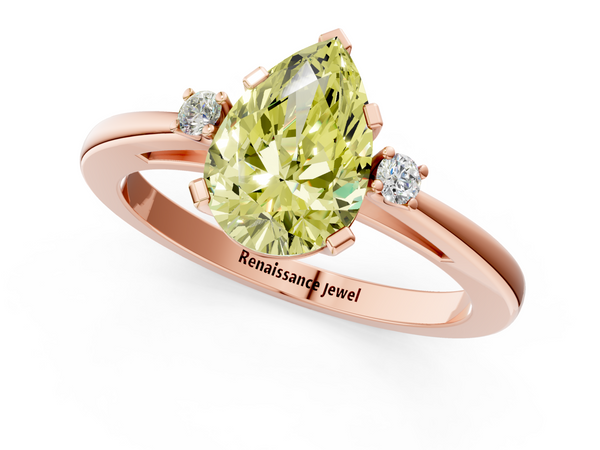 Rose gold Fancy Yellow Pear  Cut Three-Stone Solitaire Ring with Round Accent Diamonds and Four-Prong Setting