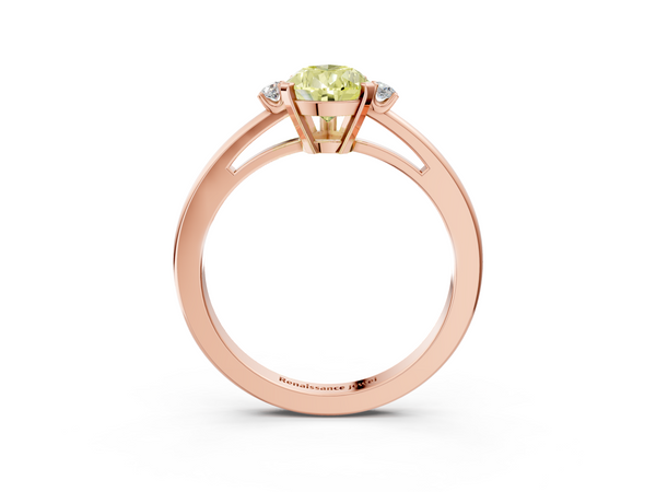 Rose gold Fancy Yellow Pear  Cut Three-Stone Solitaire Ring with Round Accent Diamonds and Four-Prong Setting