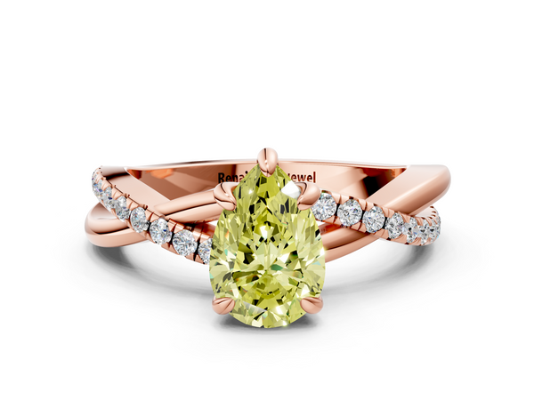Rose gold Fancy Yellow Pear  Cut Twist Band Solitaire Diamond Ring with Pavé Setting