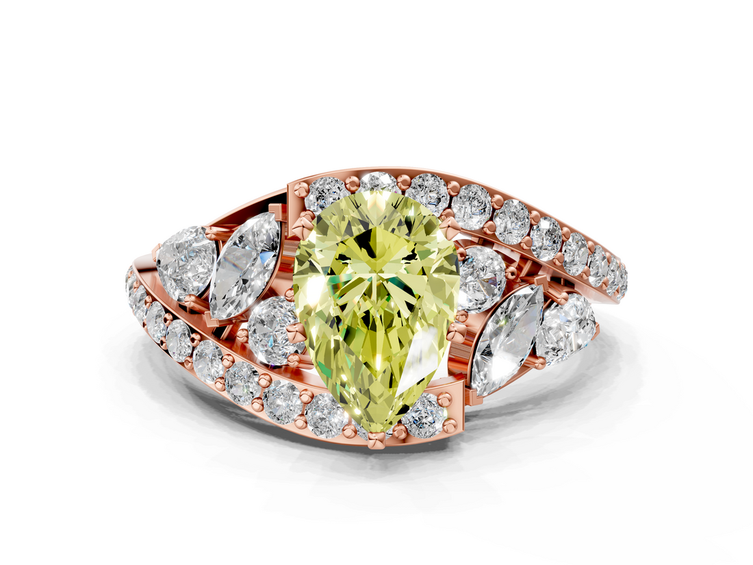 Rose gold Fancy Yellow Pear  Diamond Halo Ring with Marquise and Pavé Band in Prong Setting_71