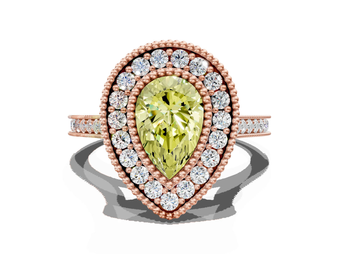 Rose gold Fancy Yellow Pear  Diamond Halo Ring with Milgrain Frame and Pavé Band_60