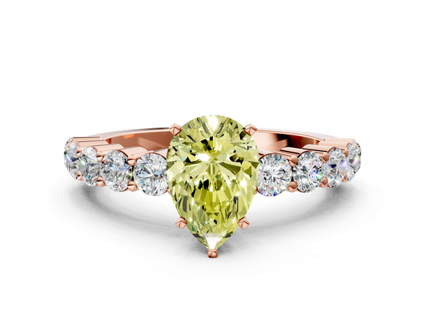Rose gold Fancy Yellow Pear  Diamond Solitaire Ring with Shared Prong Round Side Stones