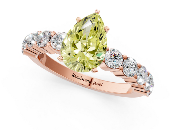 Rose gold Fancy Yellow Pear  Diamond Solitaire Ring with Shared Prong Round Side Stones