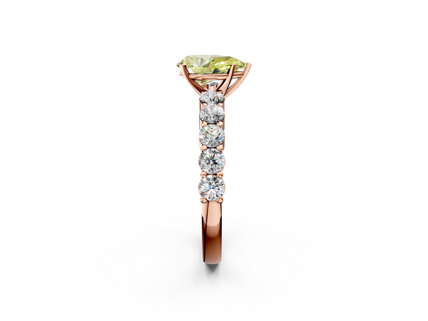Rose gold Fancy Yellow Pear  Diamond Solitaire Ring with Shared Prong Round Side Stones