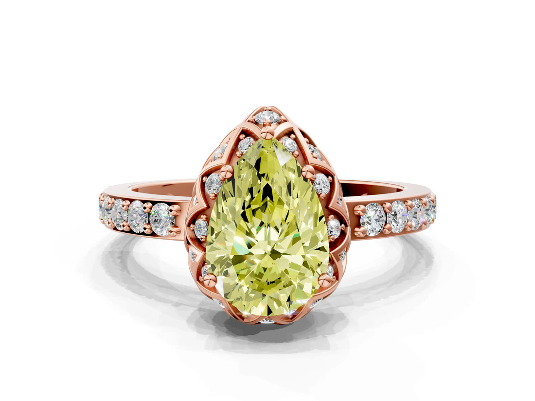 Rose gold Fancy Yellow Pear  Diamond Solitaire Ring with Shared Prong Pavé Band_54