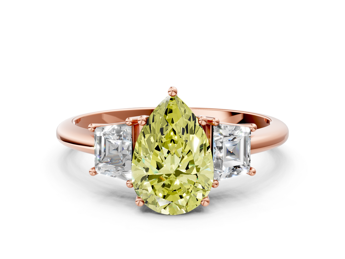 Rose gold Fancy Yellow Pear  Diamond Three-Stone Ring with Trapezoid Side Stones and Prong Setting_17