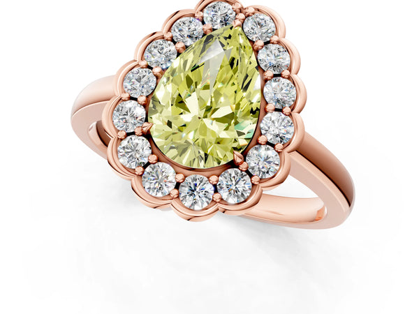 Rose gold Fancy Yellow Pear  Halo Cluster Diamond Engagement Ring with Solitaire Band and Prong Setting