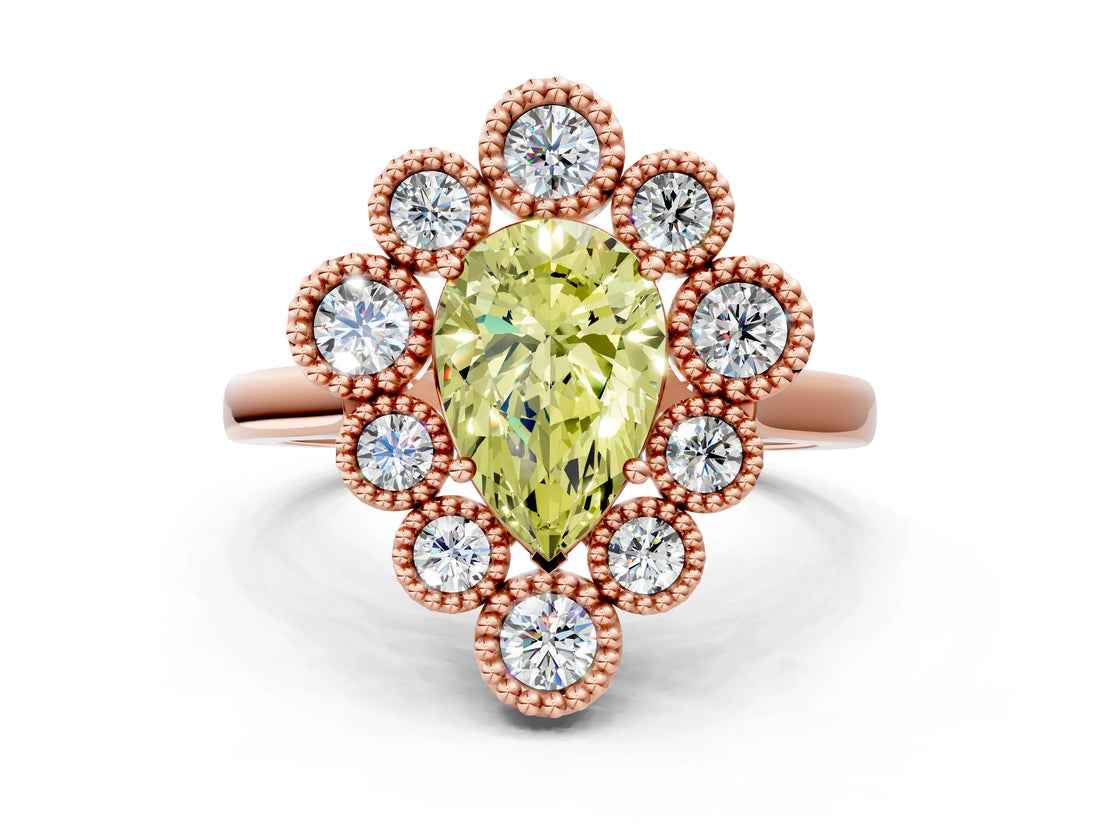 Rose gold Fancy Yellow Pear  Halo Diamond Cluster Engagement Ring with Milgrain Bezel Setting and Solitaire Band_69