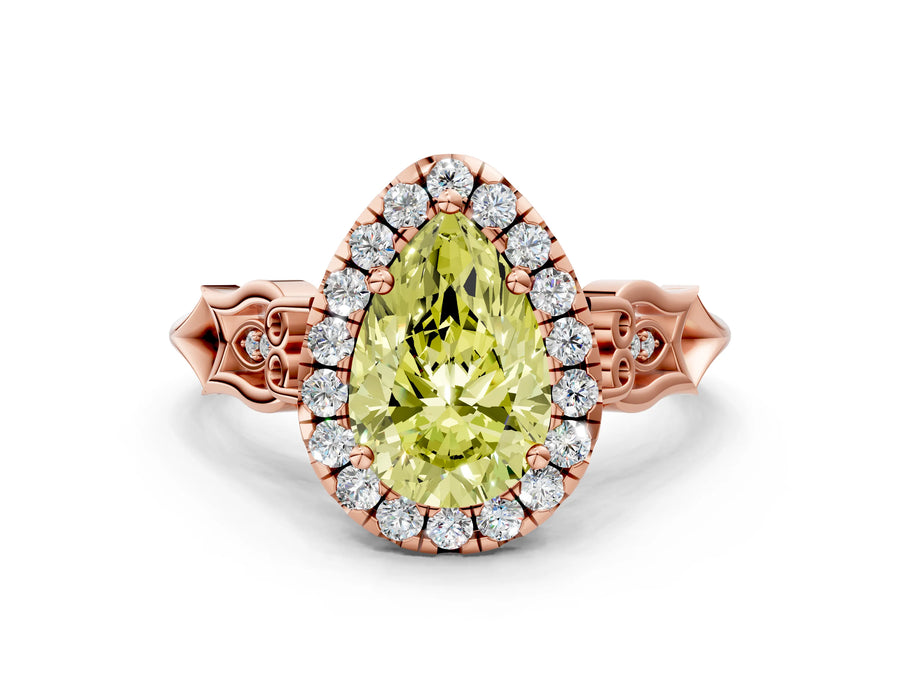 Rose gold Fancy Yellow Pear  Halo Diamond Engagement Ring with Filigree Band and Four-Prong Setting
