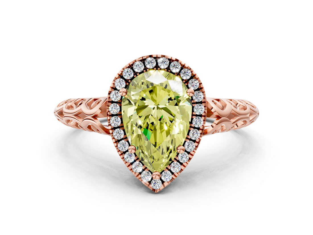 Rose gold Fancy Yellow Pear  Halo Diamond Engagement Ring with Intricate Filigree Band and Four-Prong Setting_54