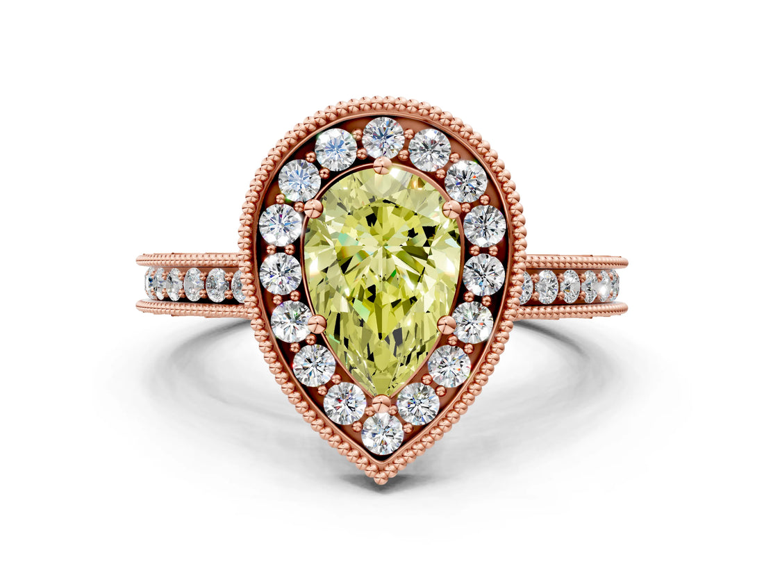Rose gold Fancy Yellow Pear  Halo Diamond Engagement Ring with Milgrain Pave Band and Four-Prong Setting_75