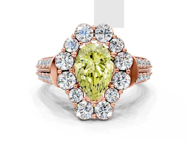 Rose gold Fancy Yellow Pear  Halo Diamond Engagement Ring with Split Shank and Prong Setting