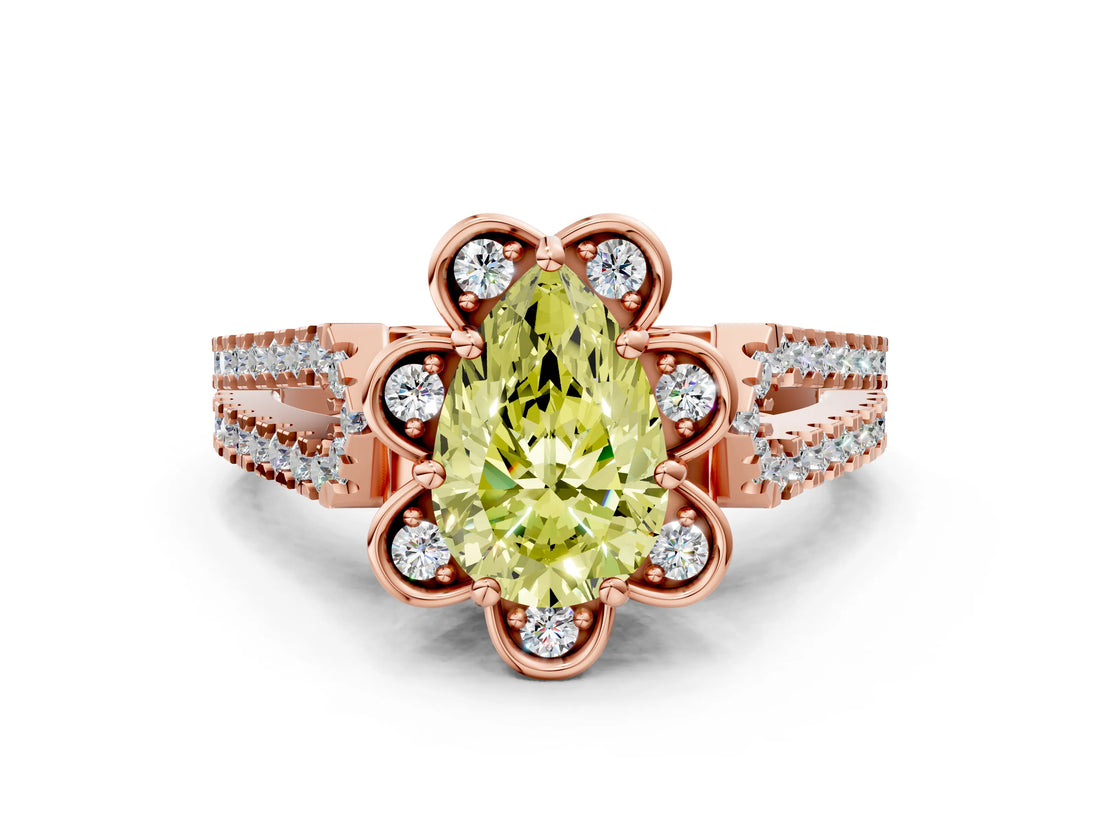 Rose gold Fancy Yellow Pear  Halo Diamond Floral Split Shank Engagement Ring