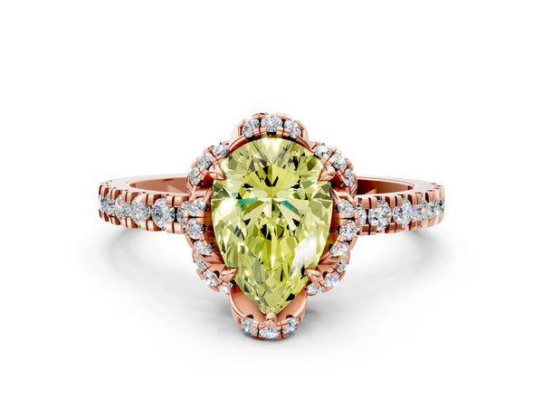 Rose gold Fancy Yellow Pear  Halo Diamond Pave Band Ring with Four-Prong Setting